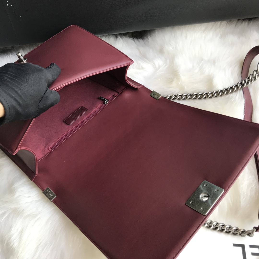 Lambskin Large Boy Handbag Flap Bag A92193 Burgundy/Silver